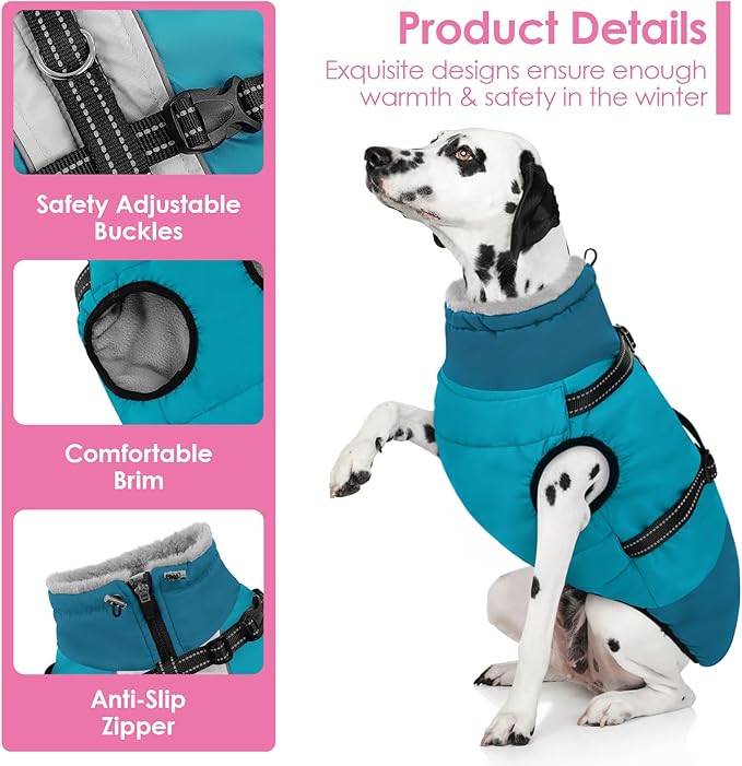 AOFITEE Small Dog Coat, Waterproof Dog Winter Jacket with Harness Built in, Warm Fleece Lined Dogs Jacket for Cold Weather, Reflective Pet Snow Jackets with Zipper for Yorkshire, Schnauzer,Turquoise S