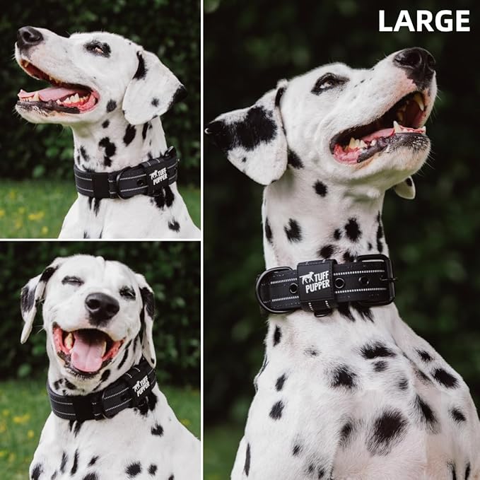 Tuff Pupper Heavy Duty Tactical Dog Collar | 1.5" Wide Ballistic Nylon | Reflective Stitching | Integrated ID Tag Holder | Stainless Steel Buckle | Padded Lining | Medium & Large Dogs (Black, Large)