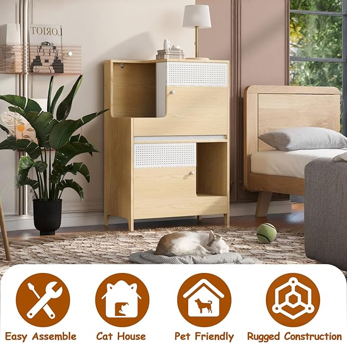 2-in-1 Modern Cat Tree Tower for Large Cats,Wooden Cat Tower with Litter Box Enclosure and Bookshelf/Storage Cabinet/Hidden Bed for Living Room Or Bedroom (Natural, 31.4")