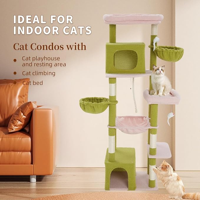 69.7-inch (177cm) Multi-Level Cat Tree with 2 Perches, 2 Condos, 2 Hammocks, Basket & Toy for Indoor Cat Activities (Green + Pink)