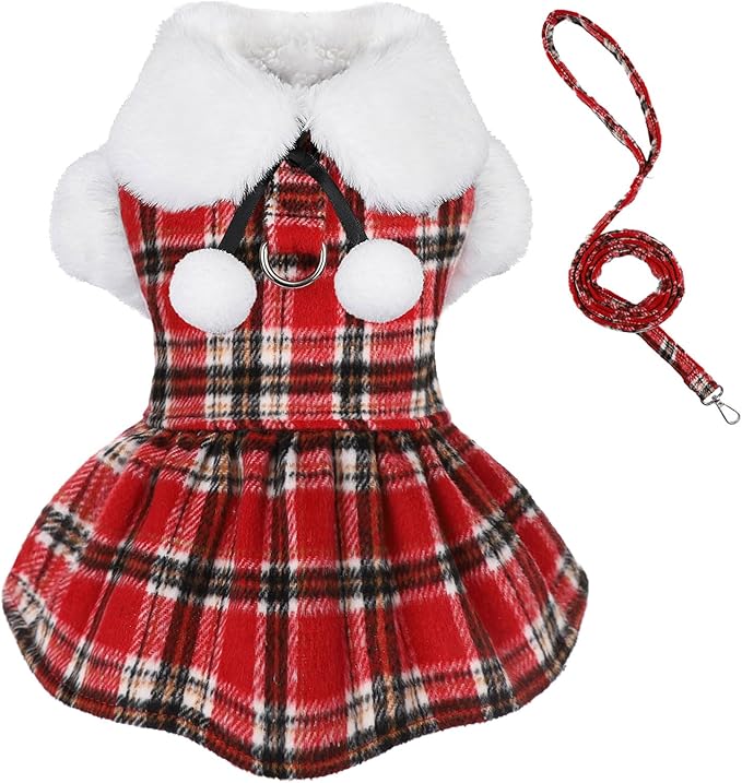 Dog Sweater with Leash Set D Ring Plaid Fleece Dog Clothes for Small Dogs Girl Boy Winter Puppy Dress Cold Weather Coat Fall Sweater for Chihuahua Yorkie Cat Doggy Costumes, Red, M