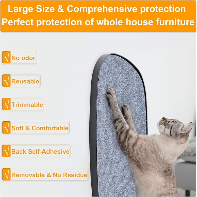 Large Cat Scratching Mat, 118"x15.8" Self-Adhesive Scratch Furniture Protector, Trimmable Wall Climbing Carpet, Couch Protector, Scratching Pad Replacement (Light Gray, 30 Nails)
