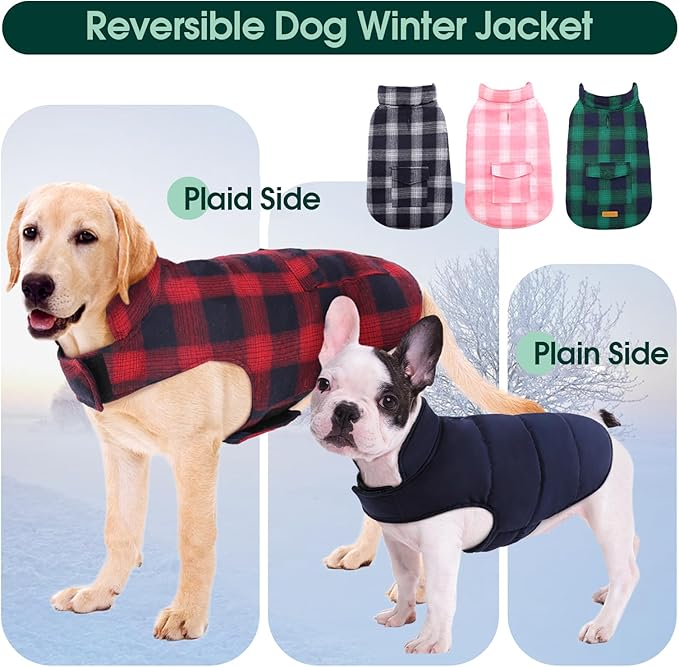 Kuoser Dog Winter Coat, Reversible Dog Jacket, Warm Doggie Coat British Style Puppy Cold Weather Coats, Windproof Pet Clothes for Extra Large Dogs Red XXXL