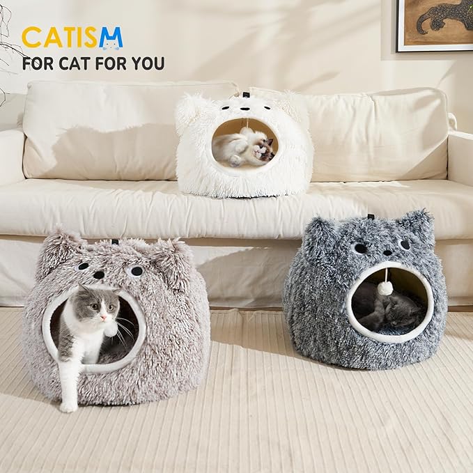 CATISM Cat Bed, Cat Beds for Indoor Cats - Kitten Bed Cave Washable, Soft Plush Hooded, Removable Pillow, Non-Slip Base, Large Cave for Kitty