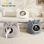 CATISM Cat Bed, Cat Beds for Indoor Cats - Kitten Bed Cave Washable, Soft Plush Hooded, Removable Pillow, Non-Slip Base, Large Cave for Kitty
