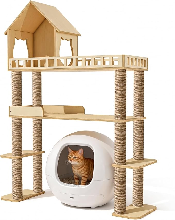 Wood Cat Tree for Automatic Litter Box, 60.2 Inch Tall Modern Cat Tree Tower with Litter Box Enclosure, Multi-Level Wooden Cats Tower Furniture with Scratching Posts, Condo House for Indoor Cats