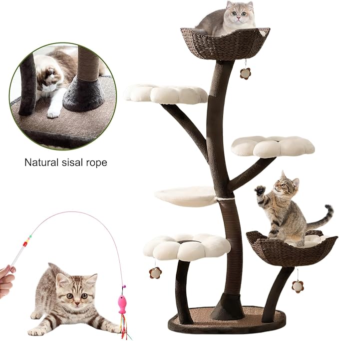 Blossom 59" Flower Cat Tree with Replaceable Flower Perches and Scratching Posts, Tall Cat Tower with Resting Platforms for Large/Small Cats Climbing, Multi-Level Cats Tower with Toy Balls