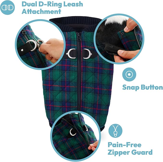 Gooby Fashion Vest Check Dog Jacket - Green Check, Medium - Warm Zip Up Bomber Vest Dual D Ring Leash - Winter Water Resistant Small Dog Sweater