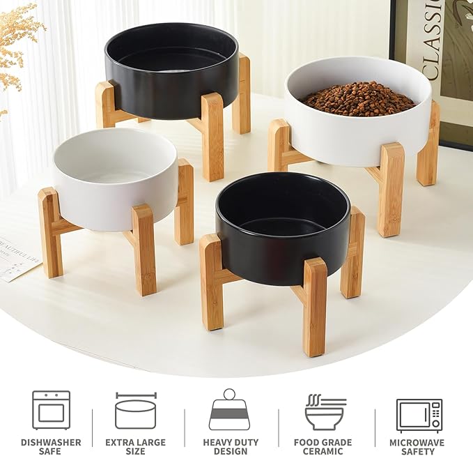 6'' Ceramic Raised Dog Bowl - 30Oz Dog Food & Water Bowl with Elevated Non-Slip Bamboo Stand, Dishwasher & Microwave Safe, Anti Vomiting Heavy Duty Pet Bowl for Small and Medium Dogs, Black