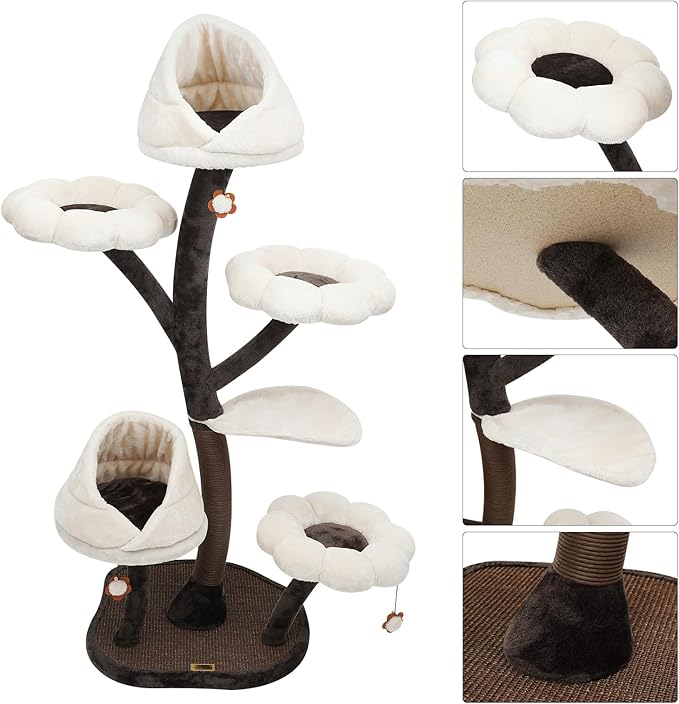 Flower Cat Tree, 65 Inch Tall Cat Tower, 6 Tier Detachable Cats Scratching Posts, Modern Flower Shaped Platforms for Homes Pet Shops (Brown and White)