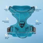 Voyager Dog Harness Dual Leash Attachment No-Pull Control Adjustable Soft but Strong Pet Harness for Medium and Large Dogs with 3M Reflective Technology, Turquoise Nylon, XL (Chest: 28-37")
