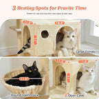 64-Inch Large Cat Tree for Indoor Cats, Multi-Level Tall Cat Tower with 2 Soft Top Perches, 2 Caves, 5 Sisal Scratching Posts, 2-in-1 Scratching Ramp, 1 Hammock & 3 Pompoms, Beige