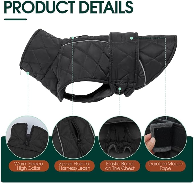 Kuoser Dog Jacket Warm Fleece Lined Dog Coats for Small Dogs, Waterproof Pet Coat Reflective Puppy Snowsuit with Harness Hole for Cold Weather Walking Hiking, Quilted Dogs Winter Vest, Grey, S