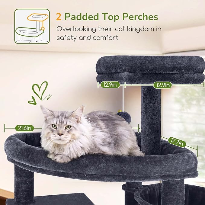 Globlazer Cat Tree for Indoor Cats, 80in Heavy Duty Cat Tower with 6 Full Wrapped Sisal Scratching Posts, 3 Spacious Multi-Level Cat Condos, Oversized Fan-Shaped Perch, S80, Dark Grey