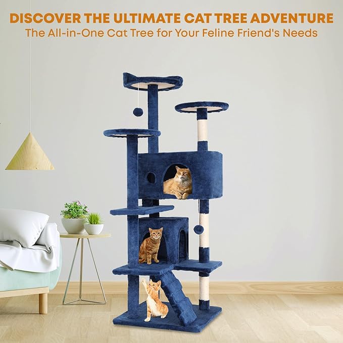 54in Cat Tree Tower for Indoor Cats, Cat Tower with Cat Scratching Post, Multi-Level Cat Furniture, Cat Tower with Funny Toys for Kittens-Navy Blue