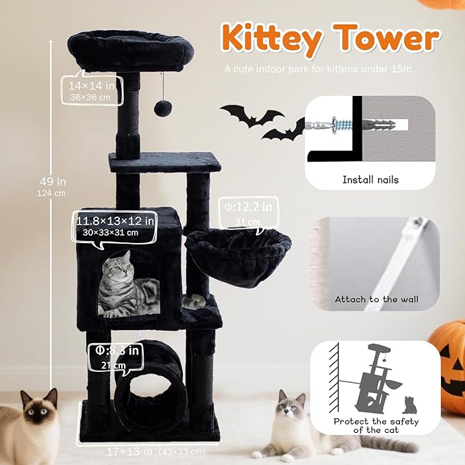 Cat Tree,Cat Tower for Indoor Cats,49-Inch Corner Cat Condo with Scratching Post,Tunnel,Basket,Plush Perch,Gothic Kitten Tree for Climbing,Exercise,Hidden,Black