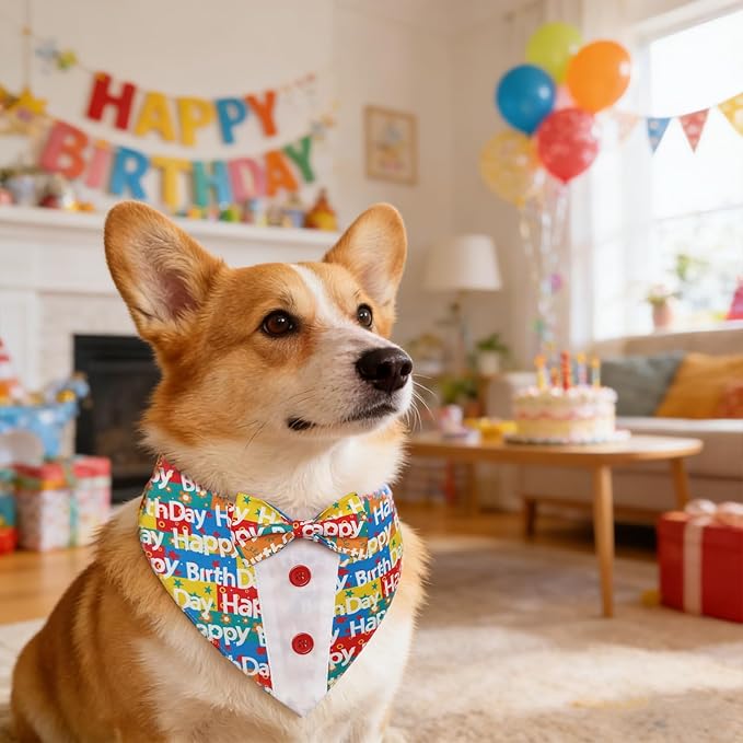 Dog Birthday Tuxedo Bandana Collar with Bow Tie, Adjustable Happy Birthday Print Pet Outfit Costume for Dogs, XS to XL (XS-XL)