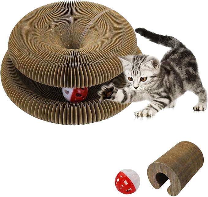 Andiker Magic Organ Cat Scratching Board, Corrugated Paper Cat Scratcher with Jingly Ball for Playing Scratching Paws, Foldable Grinding Cat Toys for Indoor Cats for Mental & Physical Exercise(Wood)