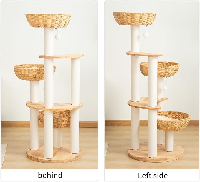 Modern Cat Tree for Large Cats, Wood Cat Tower 3 Condo Perch Heavy DutyBase with Cotton Scratch Post for Indoor Big Cats (90755)