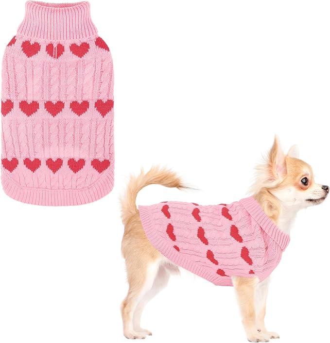 KOOLTAIL Valentine's Day Dog Sweater Turtleneck, Cold Weather Pullover Classic Knitwear, Heart Pattern Thick Warm Winter Pet Clothes, Cable Knit Sweater for Small Medium Large Dogs Girl Boy, Pink S