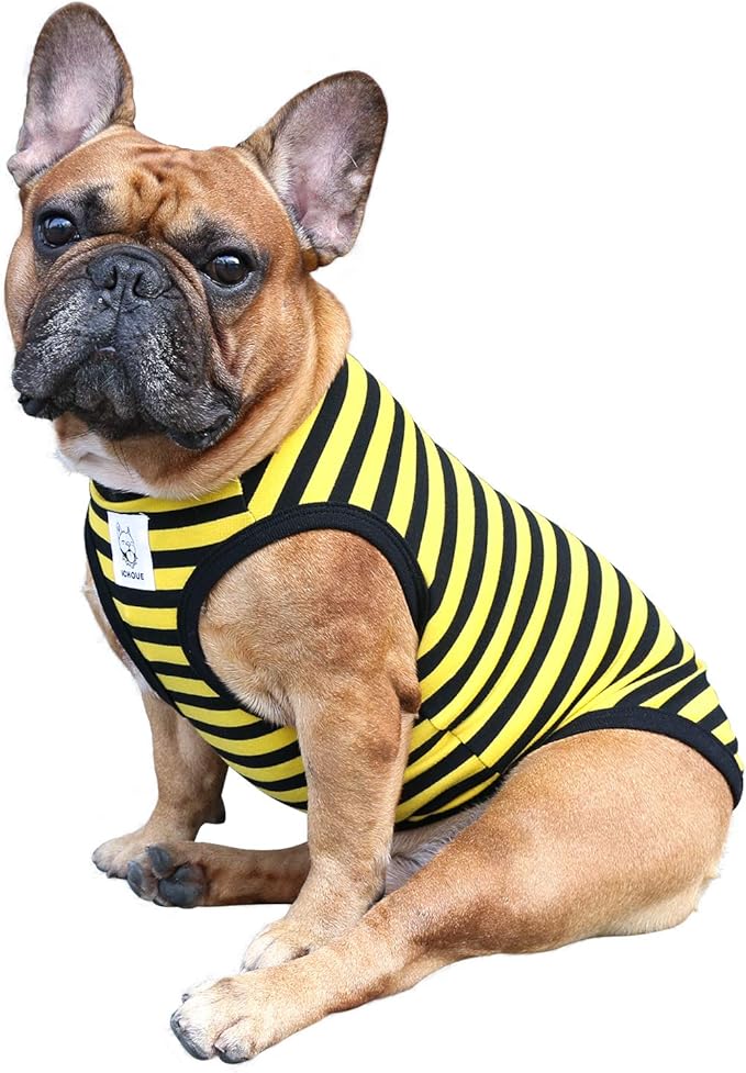 iChoue French Bulldog 100% Breathable Cotton Striped T Shirts Halloween Vest Clothes for Medium Dogs Tank Tops Frenchie Pug English Boston Terrier Pitbull Yellow Black Stripes - Large Plus