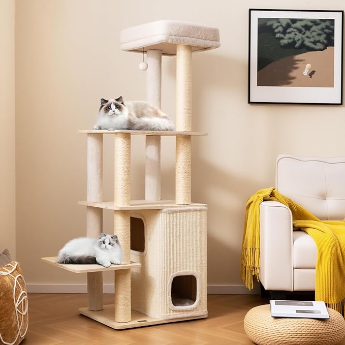 63" Tall Wooden Cat Tree, Indoor Kitten Tower with 2-Story Condo, Plush Padded Top Perch, Sisal Scratching Posts & Mat, Dangling Ball, Multi-Level Climbing Stand, Modern Indoor Pet Furniture