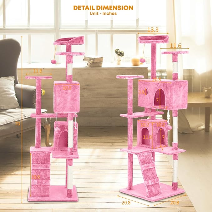 70in Cat Tree for Indoor Cats, Cat Tower with Cat Scratching Post, Multi-Level Cat Furniture, Cat Tower with Funny Toys for Kittens-Pink