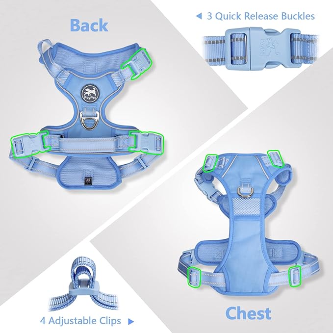 PoyPet No Pull Dog Harness, No Choke Reflective Dog Vest, Adjustable Pet Harnesses with Easy Control Padded Handle for Small Medium Large Dogs(Light Blue Matching Trim,XL)
