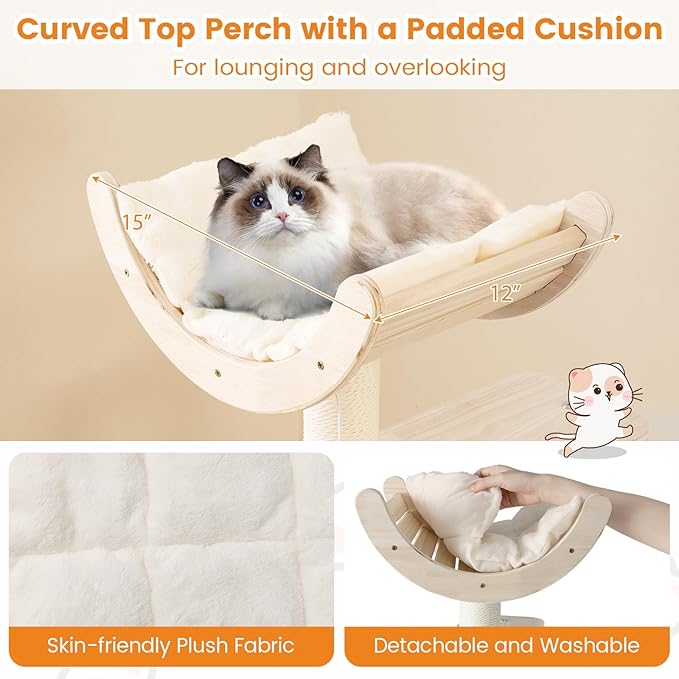 PETSITE 55.5 Inches Wooden Cat Tree, Multi-Level Modern Cat Tower with Scratching Posts, Side Basket, Multiple Jumping Platforms, Hanging Ball and Rope, Top Curved Perch, and Condo