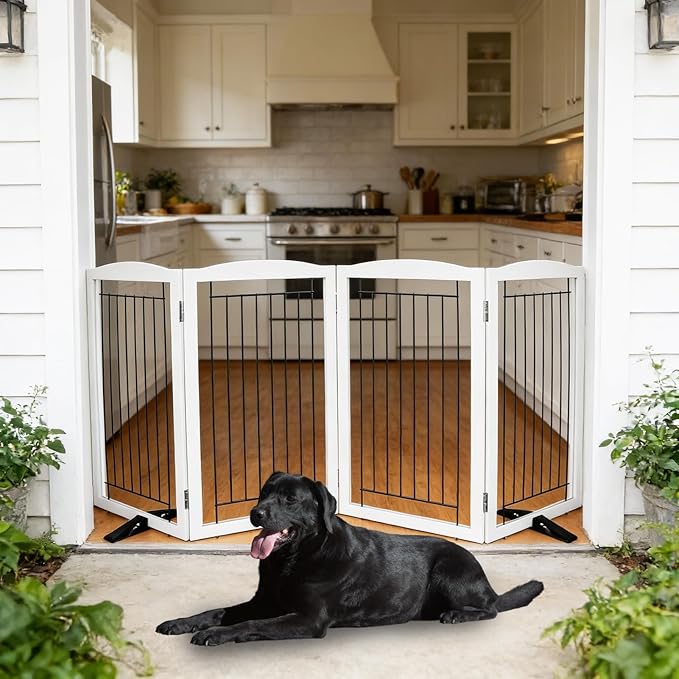 Dog Fence Indoor,Dog Gate Indoor for Doorway pet gate -4-Panel Freestanding, Hallways, House or Stairs -80x32-Inch Retractable Foldable Expandable Wood Pet by SFJC (White)