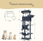 Cat Tree, 82.6" Large Cat Tower for Indoor Cats, Multi-Level Cat House with Condo, 8 Scratching Posts, Hammock, 4 Pom Poms, Dark Grey MS21018SG