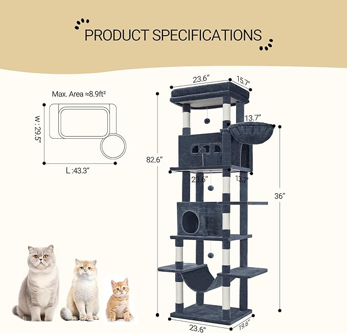 Cat Tree, 82.6" Large Cat Tower for Indoor Cats, Multi-Level Cat House with Condo, 8 Scratching Posts, Hammock, 4 Pom Poms, Dark Grey MS21018SG