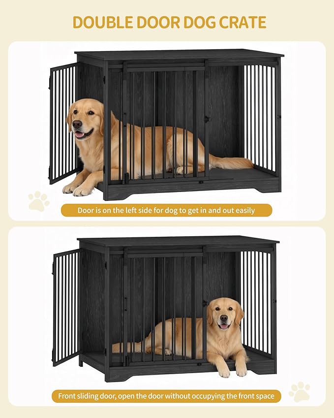 43.3" Dog Crate Furniture with Barn Door, Heavy Duty Dog Kennel Indoor with 2 Doors, Wooden Pet Cage End Table for Large Small Medium Dogs, Anti-Chew Anti-Escape, Black DFC92304B
