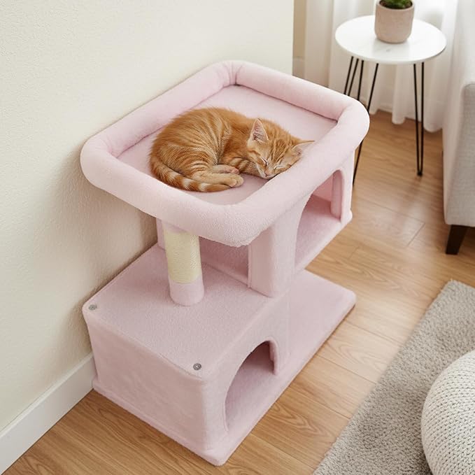Tangkula Small Cat Tree for Indoor Cats, 25.5 Inch Cat Tower with Sisal Scratching Posts, 2 Large Cat Condos with Padded Top Perch, Modern Cat Climbing Furniture for Adult Cats & Kittens (Pink)
