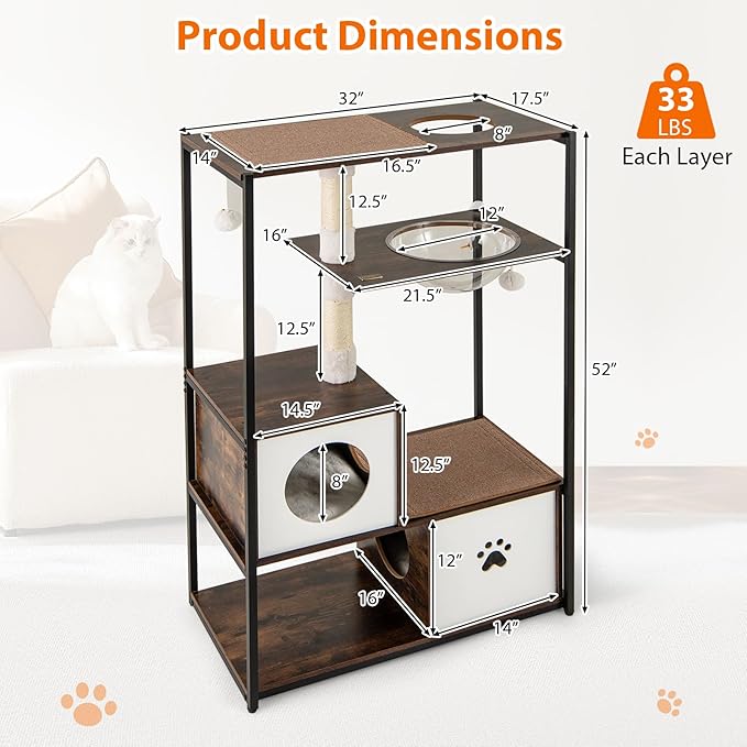 PETSITE 52 Inch Modern Cat Tree with 2 Cat Condos, Multi-Level Cat Tower with Sisal Scratching Posts, Dangling Balls, Removable Soft Cushion and Scratching Pads, Space Capsule, and Anti-Tipping Kits