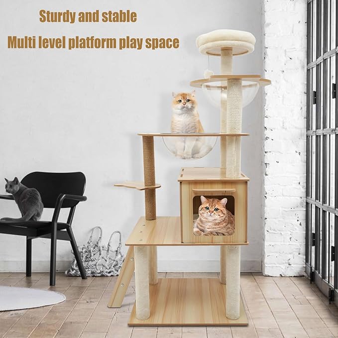 5-Tier Large Cat Tree for Indoor Cats, Heavy Duty Cat Tower with Scratching Posts & Acrylic Window, Modern Cat Condo 23.6x19.7x55.1 Inches,Multi-Level Cat Furniture with Plush Ball