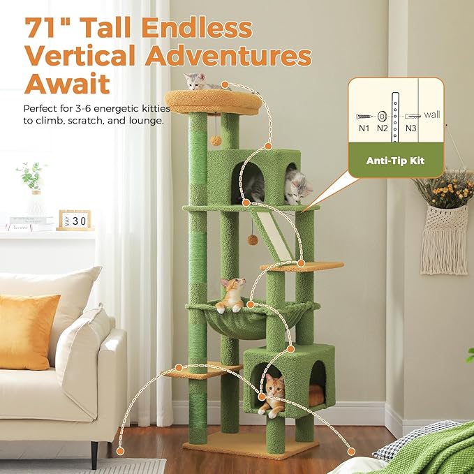 71” Cactus Cat Tree for Large Cats, Extra Stable Tall Cat Tower with Oversized Hammock, 2 Condos, Sisal Scratching Posts, Vertical Multi-Level Cat Tree for Indoor Multi-Cat Homes
