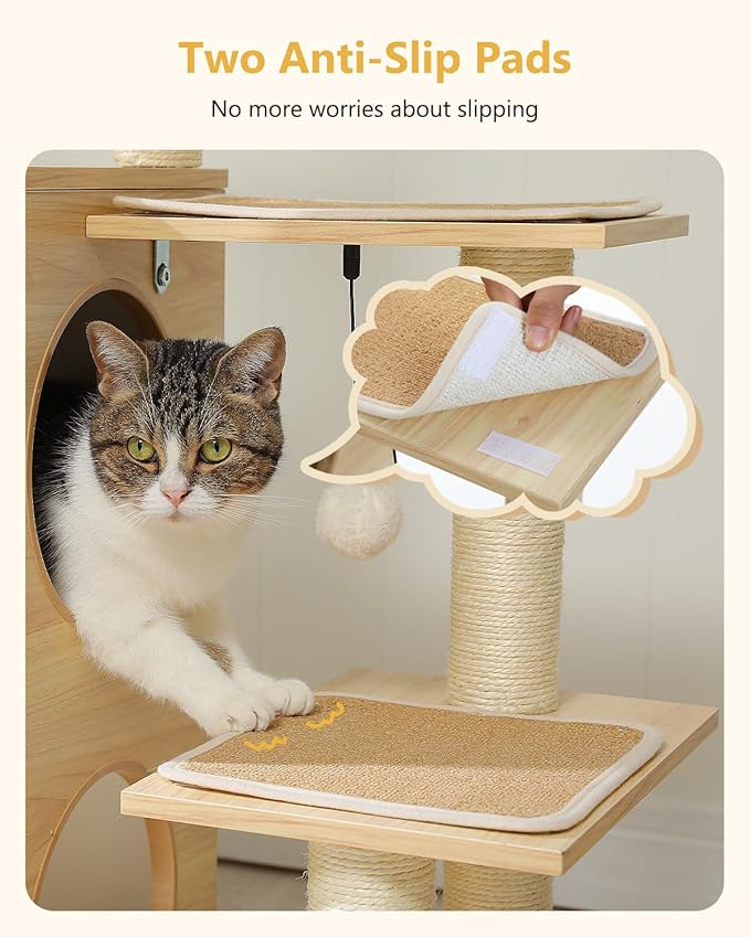 42.5" Modern Wooden Cat Tree with 2-Story Condo, Scratching Posts, Capsule Nest & Dangling Balls - Sky City Design Indoor Furniture for Cats, Beige