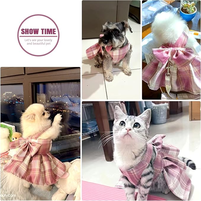 PETCARE Plaid Dog Dress Bow Tie Harness Leash Set for Small Dogs Cats Girl Cute Princess Dog Dresses Spring Summer Puppy Bunny Rabbit Clothes Chihuahua Yorkies Pet Outfits,Chest 19"