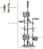 102" Tall Cat Tree Multi-Level Cat Tower for Indoor Cats with Cat Condo, Hanging Basket, Sisal Scratching Posts, Plush Balls and Hammock for Small Large Cats (Light Gray)