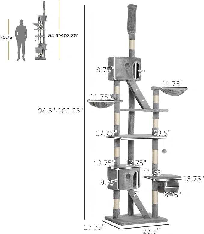 102" Tall Cat Tree Multi-Level Cat Tower for Indoor Cats with Cat Condo, Hanging Basket, Sisal Scratching Posts, Plush Balls and Hammock for Small Large Cats (Light Gray)