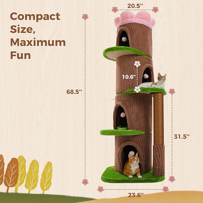Forest Cat Tree with Flower Condos, Cute Tall Cat Tower with Scratching Posts & Padded Perch, Multi-Level Kitty Activity Center for Indoor Cats, Indoor Jungle Gym Furniture