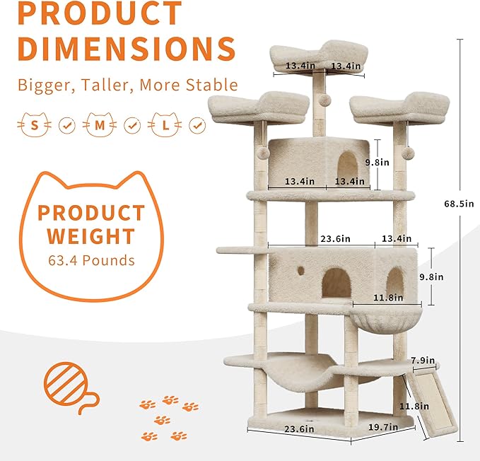 68.5 in Multi-Level Cat Tree for Indoor Cats Large Adult Heavy Duty Cat Tower for Large Cats with 2 Condos/Plush Perches/Sisal Scratching Posts/Hammocks/Basket/Dangling Balls, #2604 Beige