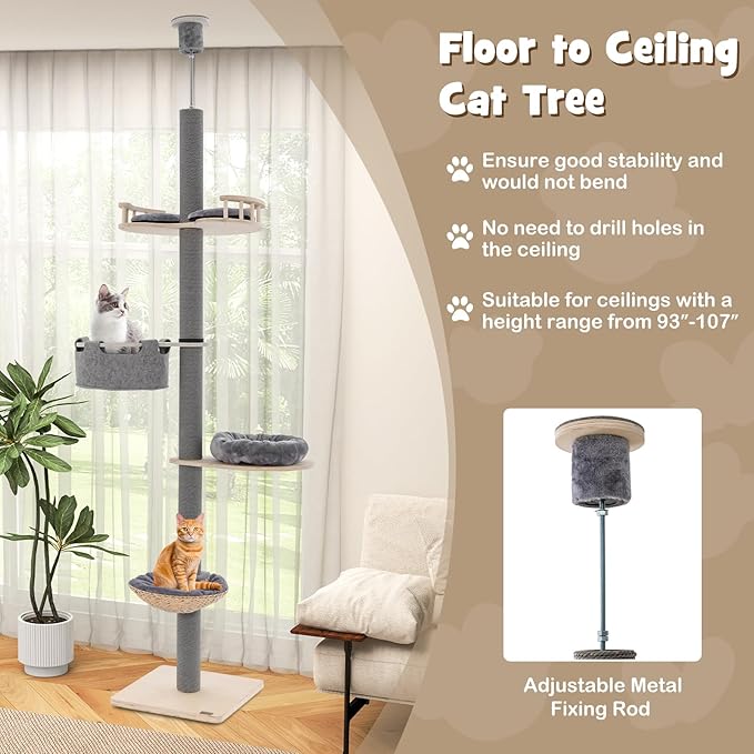 PETSITE Floor to Ceiling Cat Tree with 93”-107” Adjustable Height, 5-Tier Wooden Cat Climbing Pole with Scratching Post, Cozy Hammock and Basket Bed, Floor to Ceiling Cat Tower