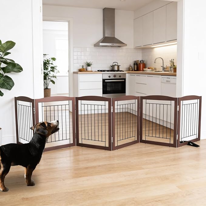 Dog Fence Indoor,Dog Gate Indoor for Doorway pet gate -6-Panel Freestanding, Hallways, House or Stairs -120x24-Inch Retractable Foldable Expandable Wood Pet by SFJC (Brown) ﻿