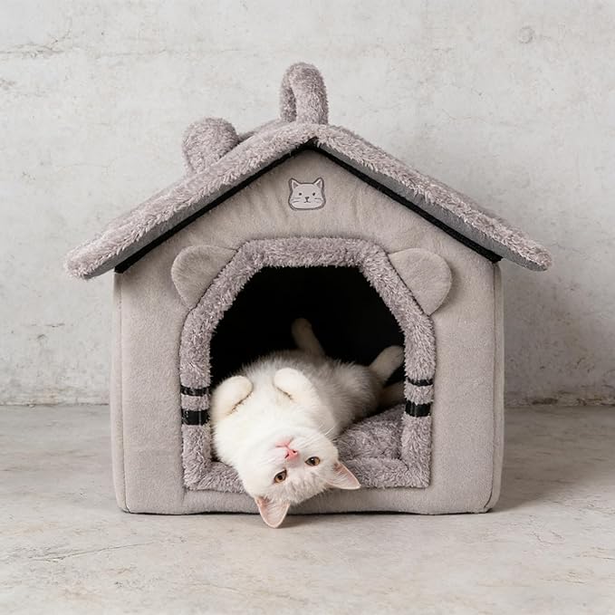 Lovely Cat Bed for Indoor Cats, Cartoon Pattern Cat Cave Bed with Handle Design, Soft Cat Hideaway Indoor Cat House for Kitten, Puppy & Small Pets (L)