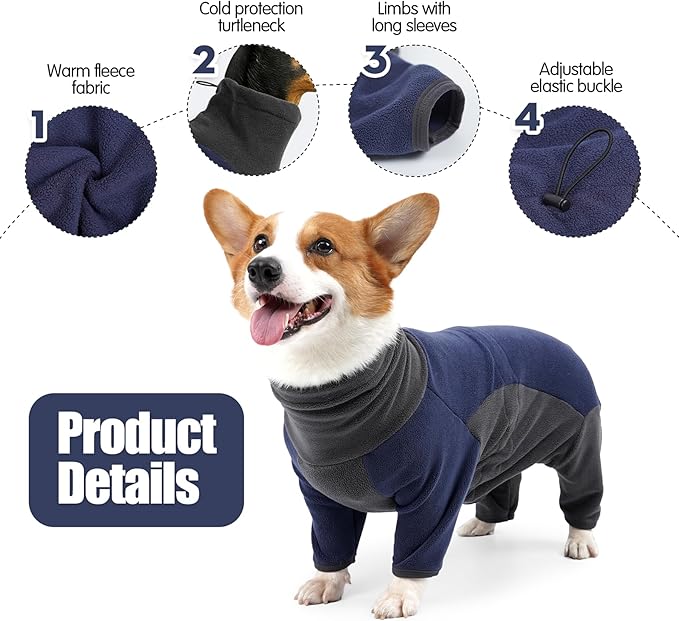 Warm Fleece Dog Jacket, Windproof Pullover Jumpsuit, Cold Weather Clothes for Medium Large Dog (2XL, Blue)