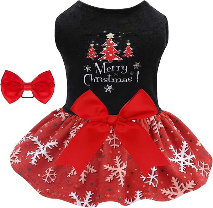 CuteBone Christmas Dog Dresses Velvet Holiday Small Dogs Clothes Onesie Pet Apparel Girl Puppy Skirt with Bow Hair Rope CVA54S-D