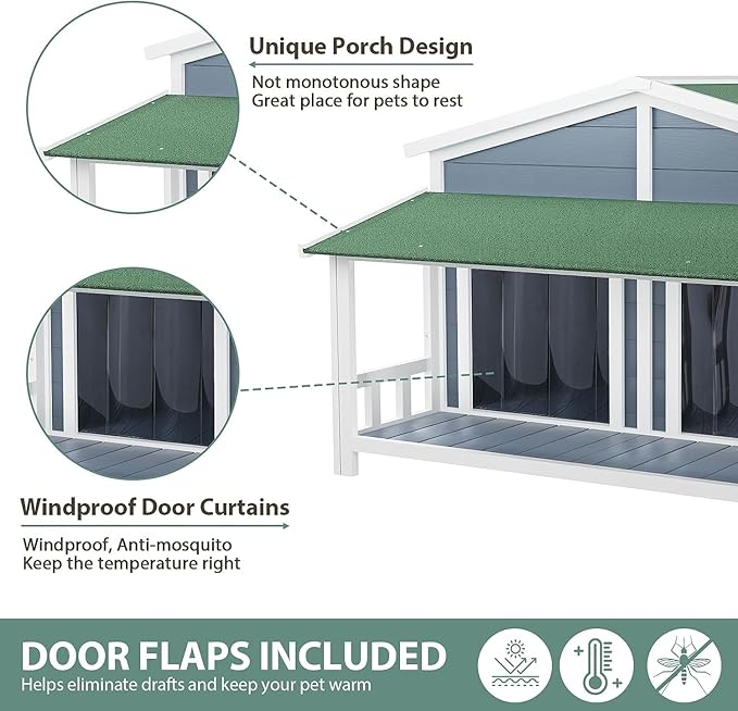 Ritsu Outdoor Dog House, Waterproof Dog Kennel, Wooden Indoor Dog House, Log Cabin Style with Porch,Elevated Floor, 2 Doors