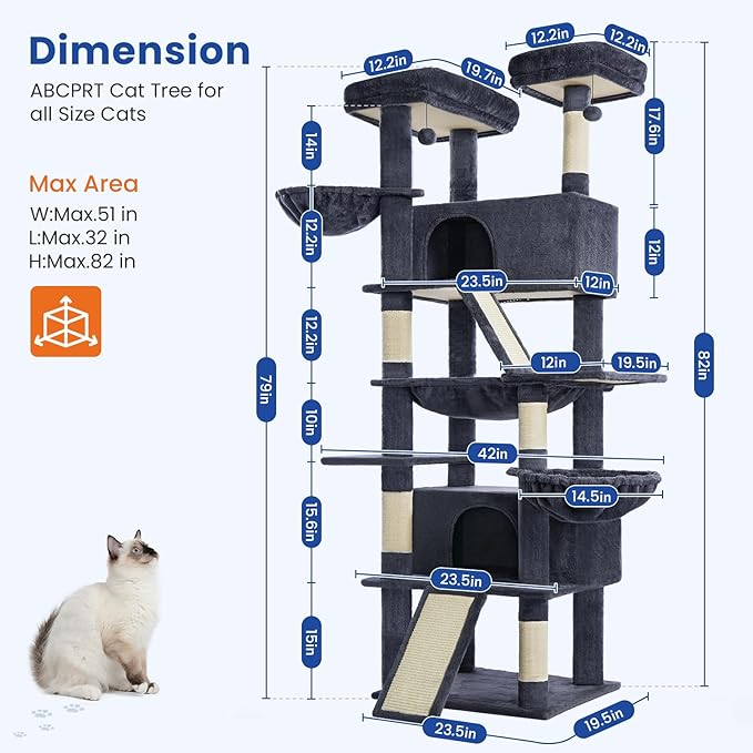 Cat Tree 82 in Multi-Level Cat Tower for Indoor Cats, Heavy Duty Large Cat Tree with Sisal Scratching Posts, Hammock, 2 Perches, 2 Condos, 2 Hanging Baskets, Dark Grey